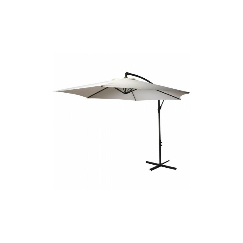 Large 300 cm white parasol with a sturdy black metal frame and cross base, designed for outdoor shading and featuring a tiltable canopy for adjustable sun protection.