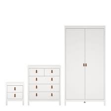 White wooden bedside table, chest of drawers with six drawers, and a tall wardrobe, all featuring sleek lines and bronze handles for a modern aesthetic.