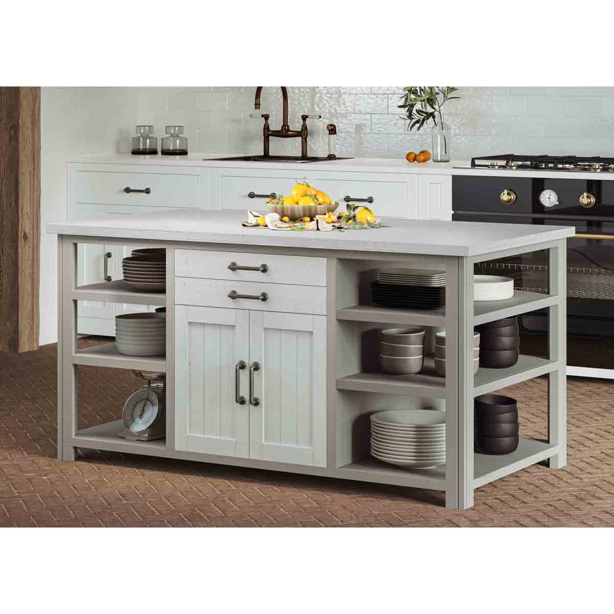 Stylish kitchen island in silver shale finish, featuring a solid top, two drawers, double doors, and open shelving for plates and bowls, enhancing modern kitchen decor.