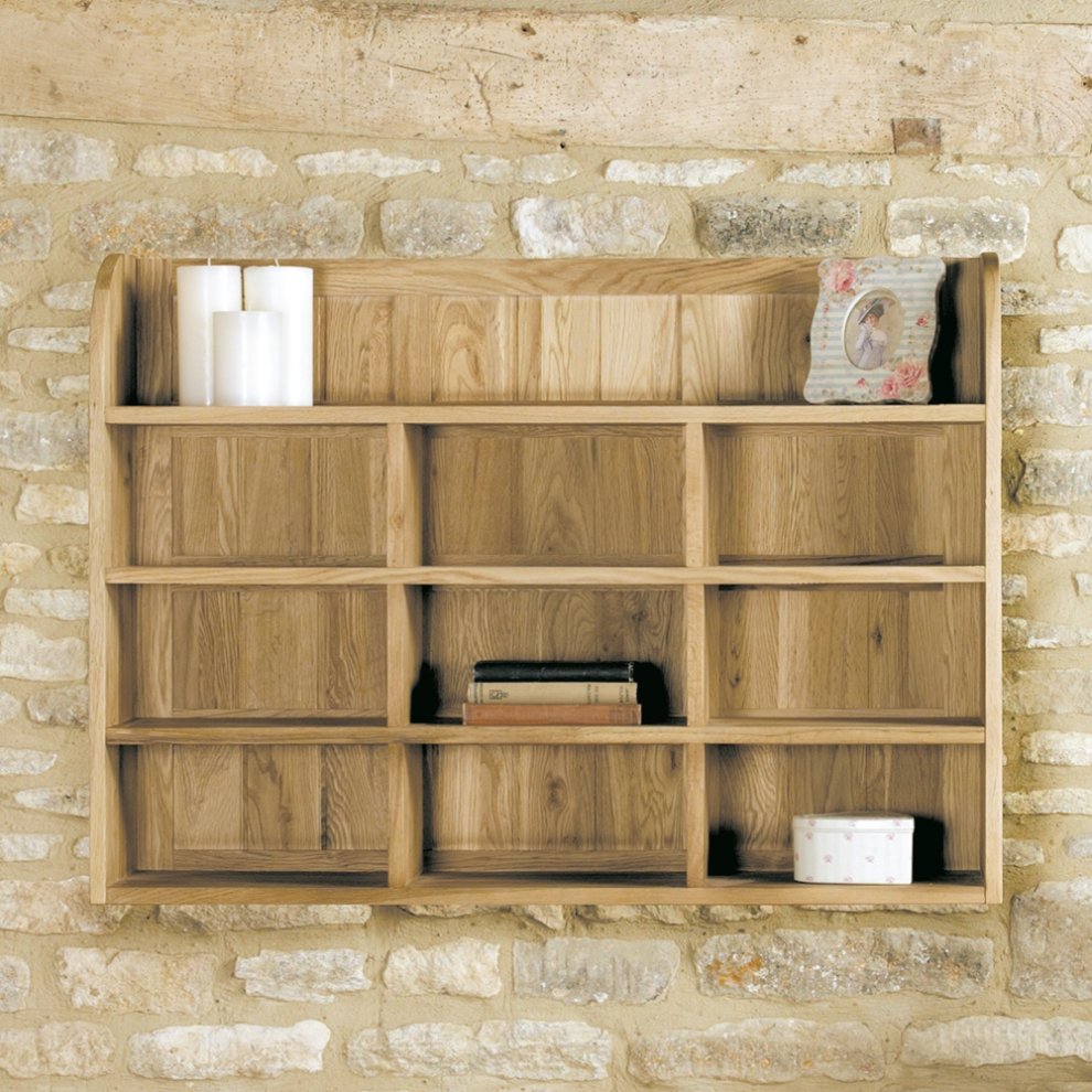 Brown oak reversible wall rack featuring multiple compartments, showcasing a rustic design with a natural finish, perfect for displaying decorative items or books.