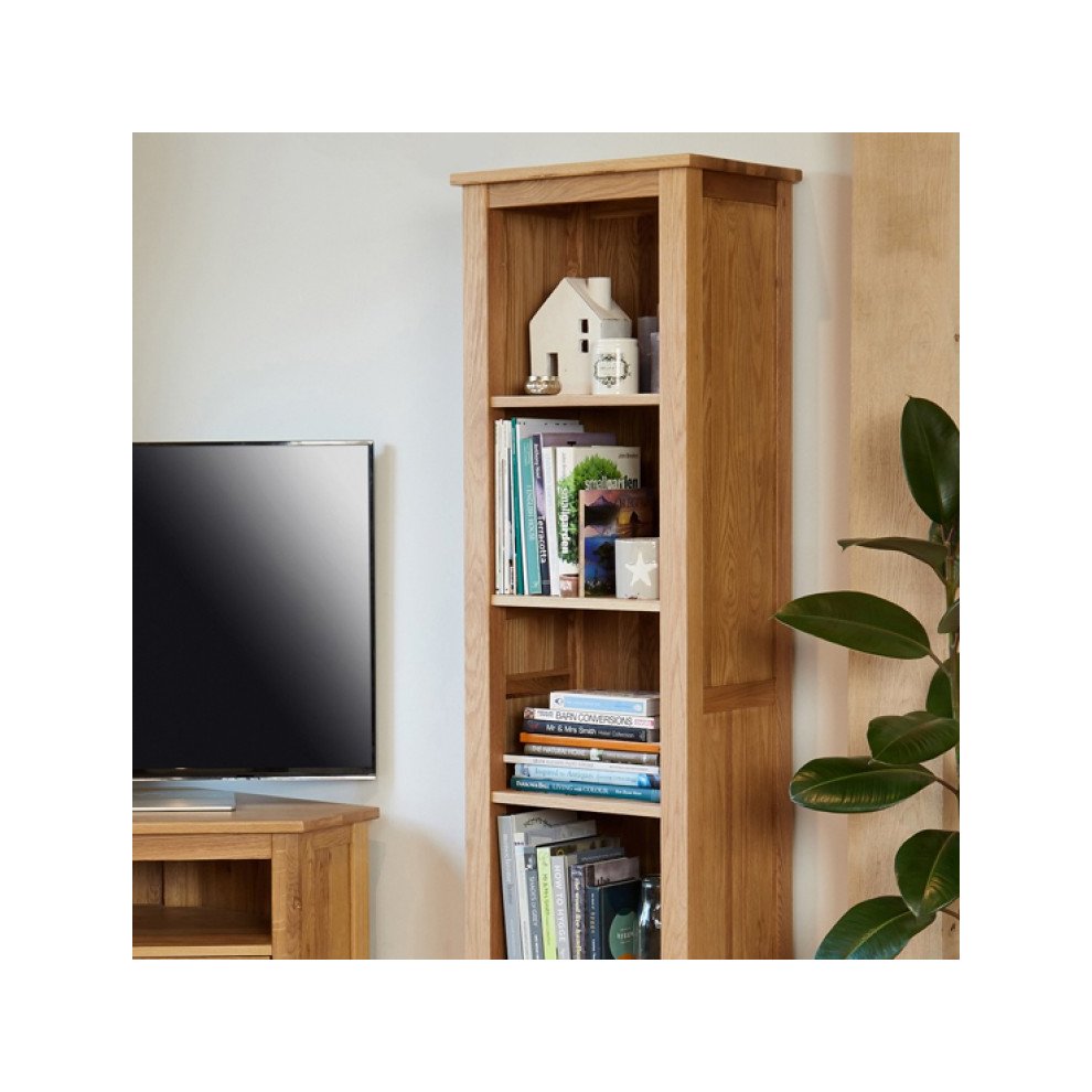 Tall narrow bookcase in light oak, featuring four open shelves filled with books and decorative items, complemented by a smooth finish and a minimalist design.