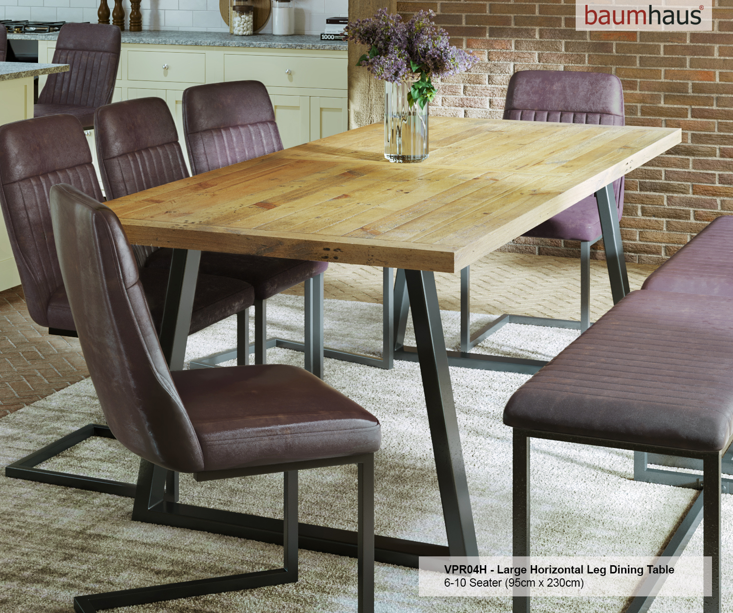 Large reclaimed wood dining table with a natural finish, supported by a black metal frame, surrounded by purple upholstered chairs, suitable for 6-10 people.