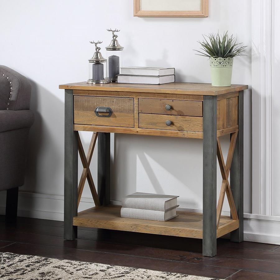 Reclaimed brown wood console table with two drawers, metal handles, and an open shelf, featuring a modern design with crossed metal legs and a small potted plant on top.