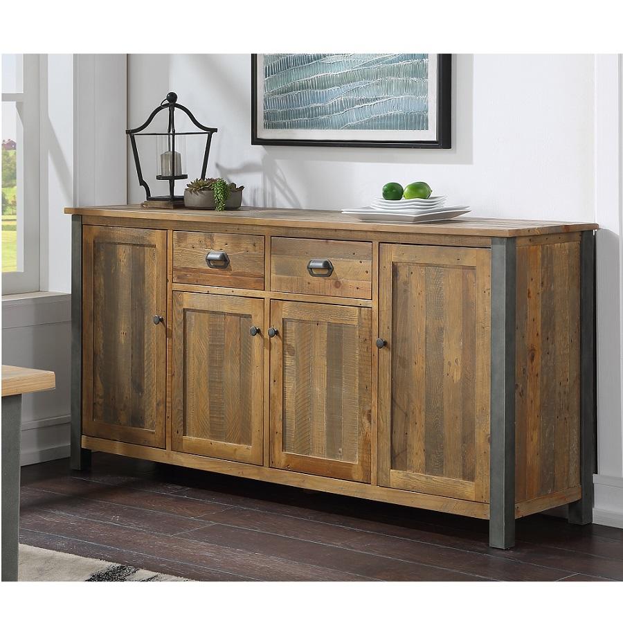 Reclaimed brown wood sideboard with three drawers and two cabinet doors, featuring metal handles and a sleek metal frame, set against a bright, airy room.