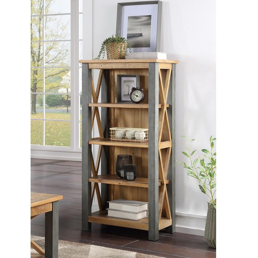 Reclaimed small bookcase featuring a brown wooden frame with a rustic finish, metal accents, four shelves, and an open design, styled with decorative items and plants.