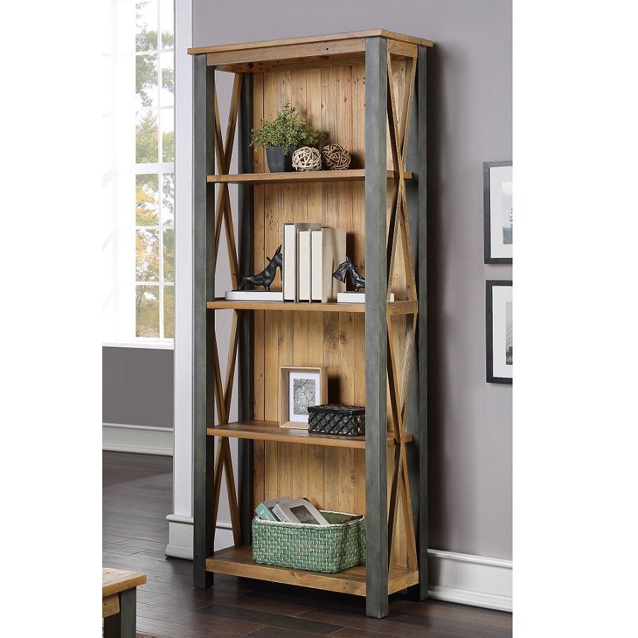 Tall bookcase featuring a reclaimed brown wood finish with metal accents, four open shelves, and an X-frame design, ideal for displaying books and decorative items.