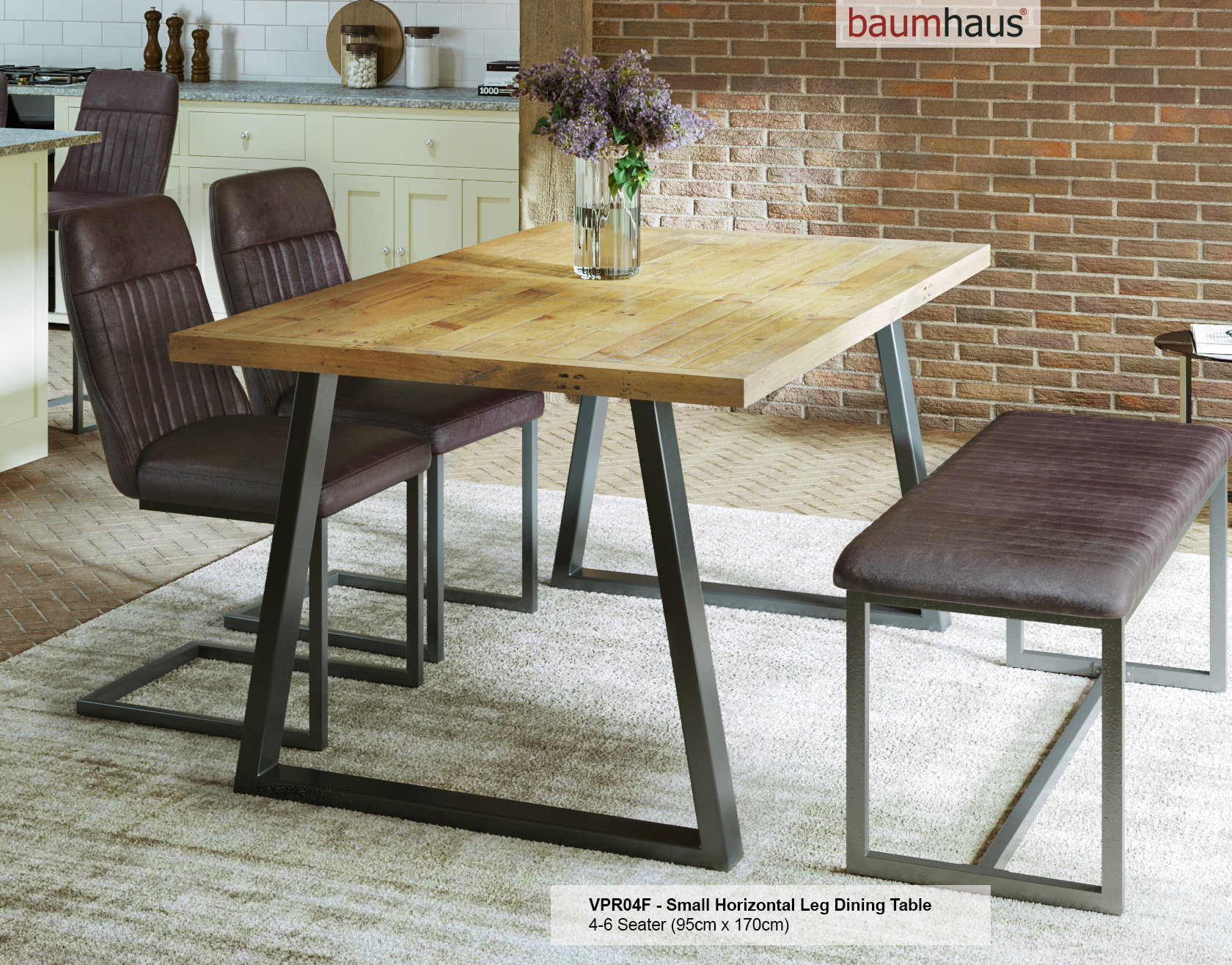 Reclaimed wooden dining table with a natural finish, featuring a rectangular top, horizontal metal legs, and seating for 4-6, set against a brick wall and modern kitchen backdrop.