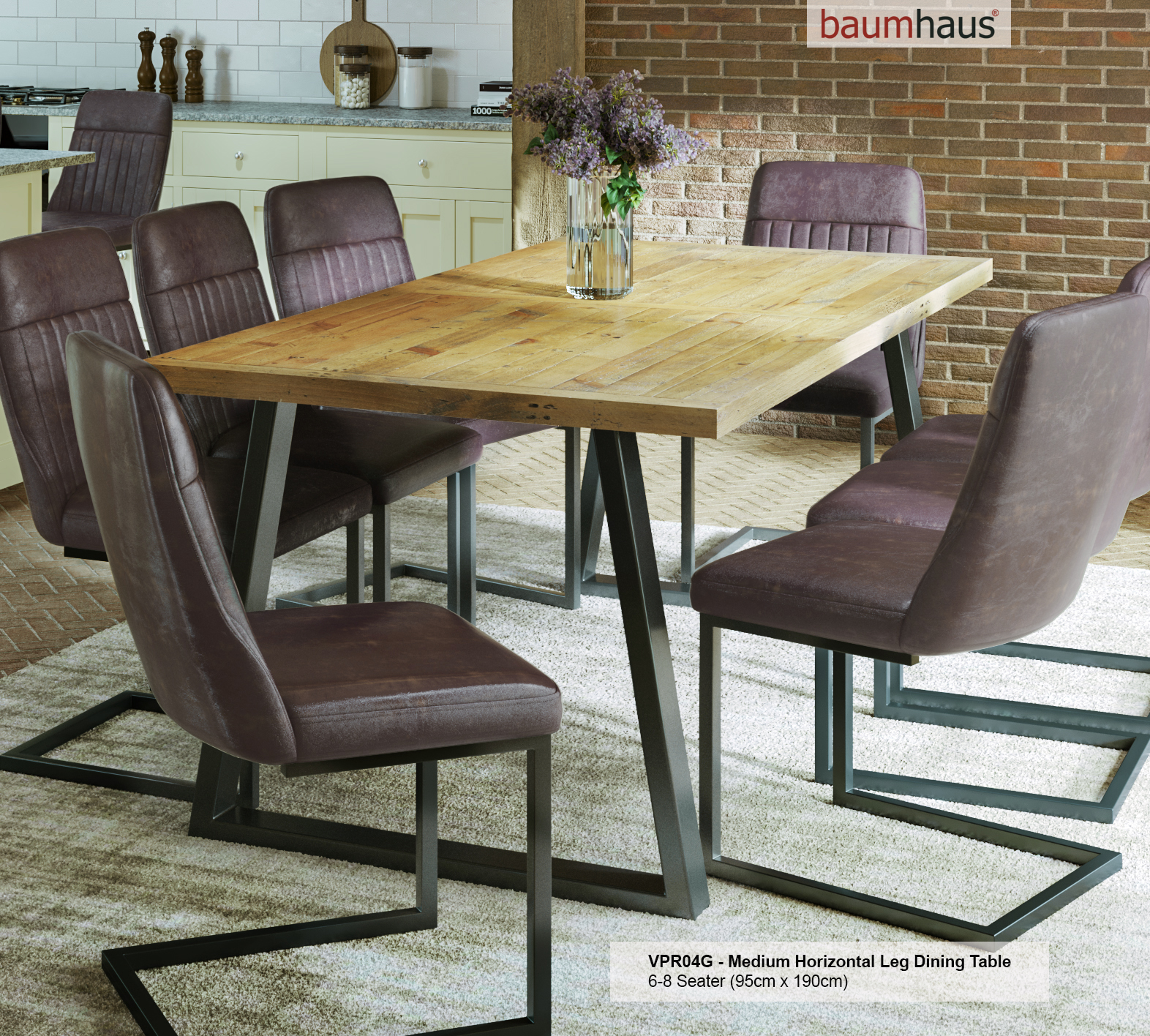Reclaimed wood dining table with a medium horizontal leg design, measuring 95cm x 190cm, surrounded by brown leather chairs on a textured floor.