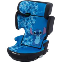 Blue BebeConfort Disney Hera i-Fix car seat with Stitch design, floral pattern, and black side padding.