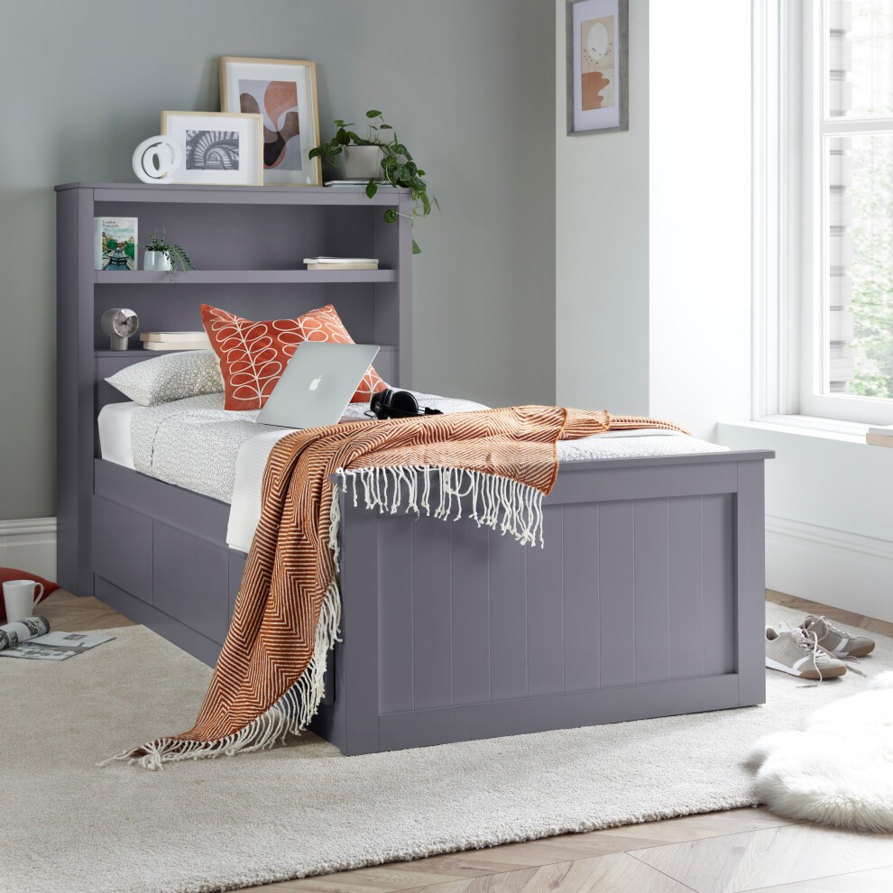 Bedmaster Enzo Grey Single 3 Drawer Wooden Bed with Bookcase Headboard - image 2