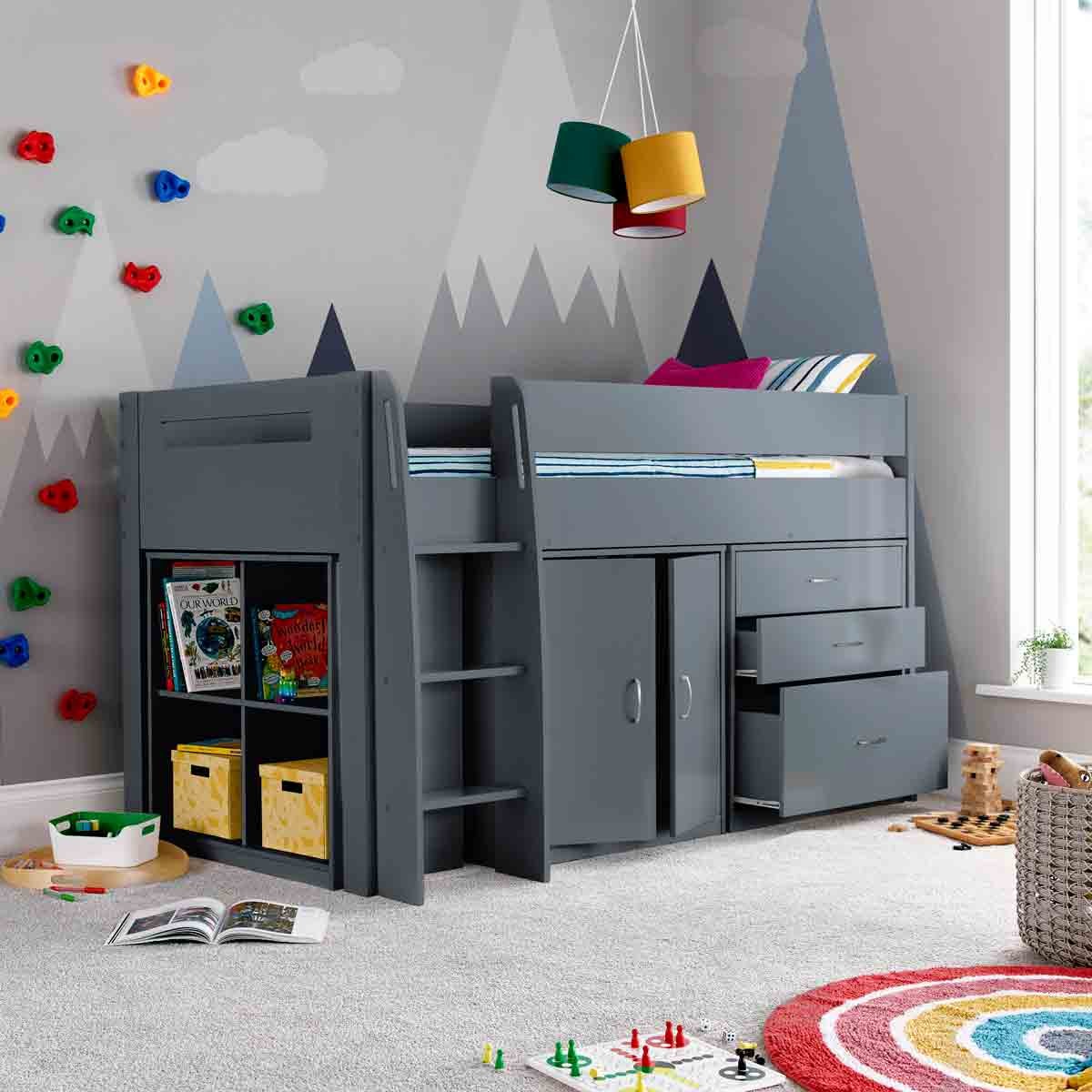 Lacy grey mid sleeper bed with a pocket sprung mattress, featuring a built-in ladder, storage drawers, and a modern design, set against a colorful, playful room backdrop.