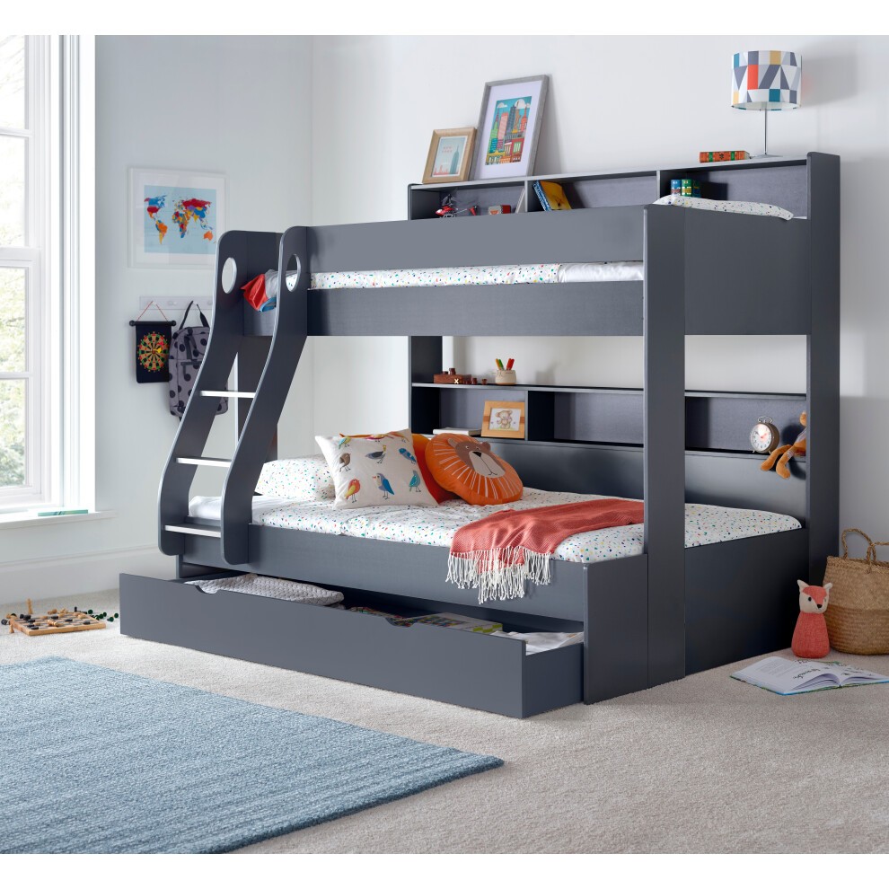 Dark grey triple sleeper bunk bed with small double size, featuring a sturdy frame, built-in shelves, and a ladder, set on a soft carpet with colorful bedding and decorative items.