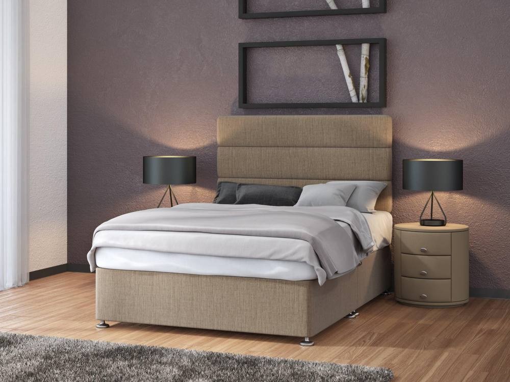 Bedmaster Neptune Spring Linen 2 Drawer Divan Set in natural fabric, featuring a tall, upholstered headboard, two spacious drawers, and a double size, complemented by modern bedside lamps.