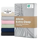 Grey Bedsure double fitted sheet, extra deep 16-inch pocket, soft brushed microfiber, 135x190cm, packaging visible.