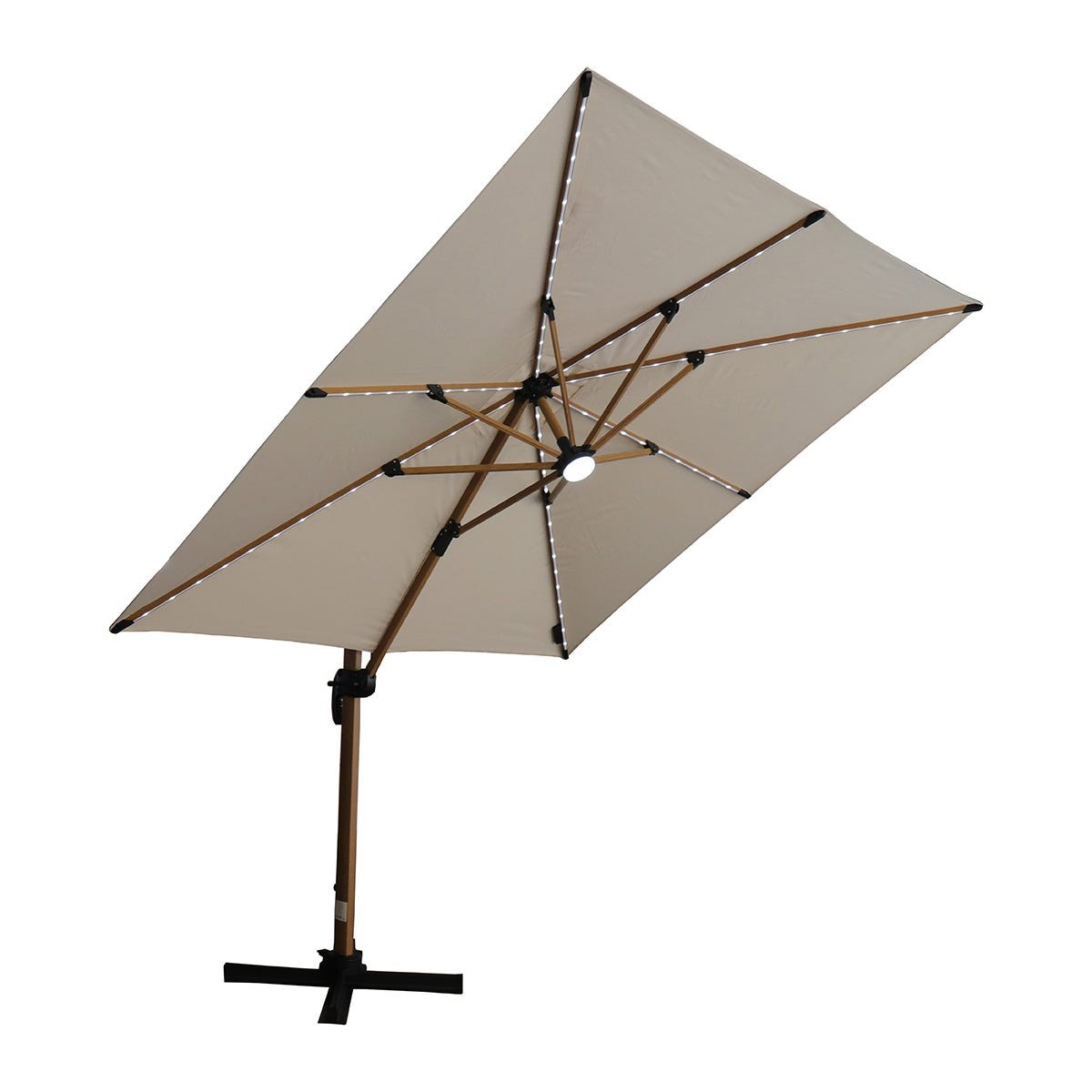 Beige and cream wooden finish Roma umbrella with LED lights, featuring a sturdy base and a spacious canopy, angled for shade and illumination.