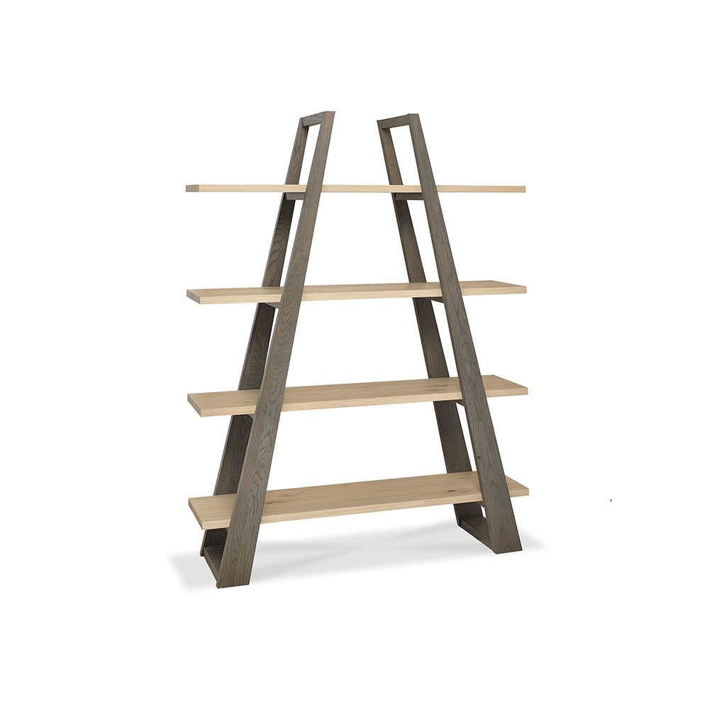 Open bookcase featuring a modern design with a combination of light oak shelves and dark wood frame, showcasing four spacious shelves for display or storage.