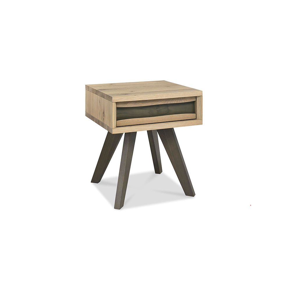 Bentley Designs Cadell oak lamp table features a natural wood finish, a single drawer with a contrasting dark handle, and stylish angled legs for a modern look.