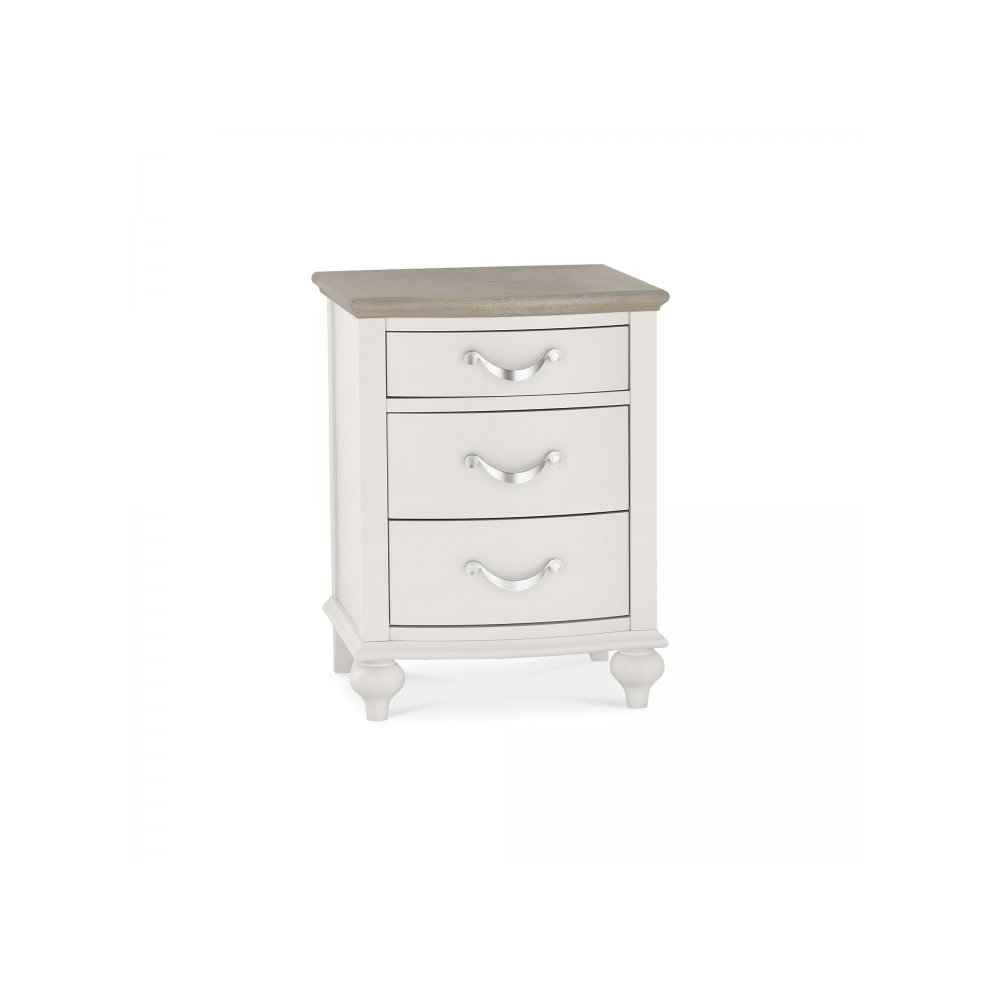 Montreal 3 Drawer Nightstand features a grey washed oak top and soft grey body, with three drawers and elegant curved handles, supported by rounded feet.