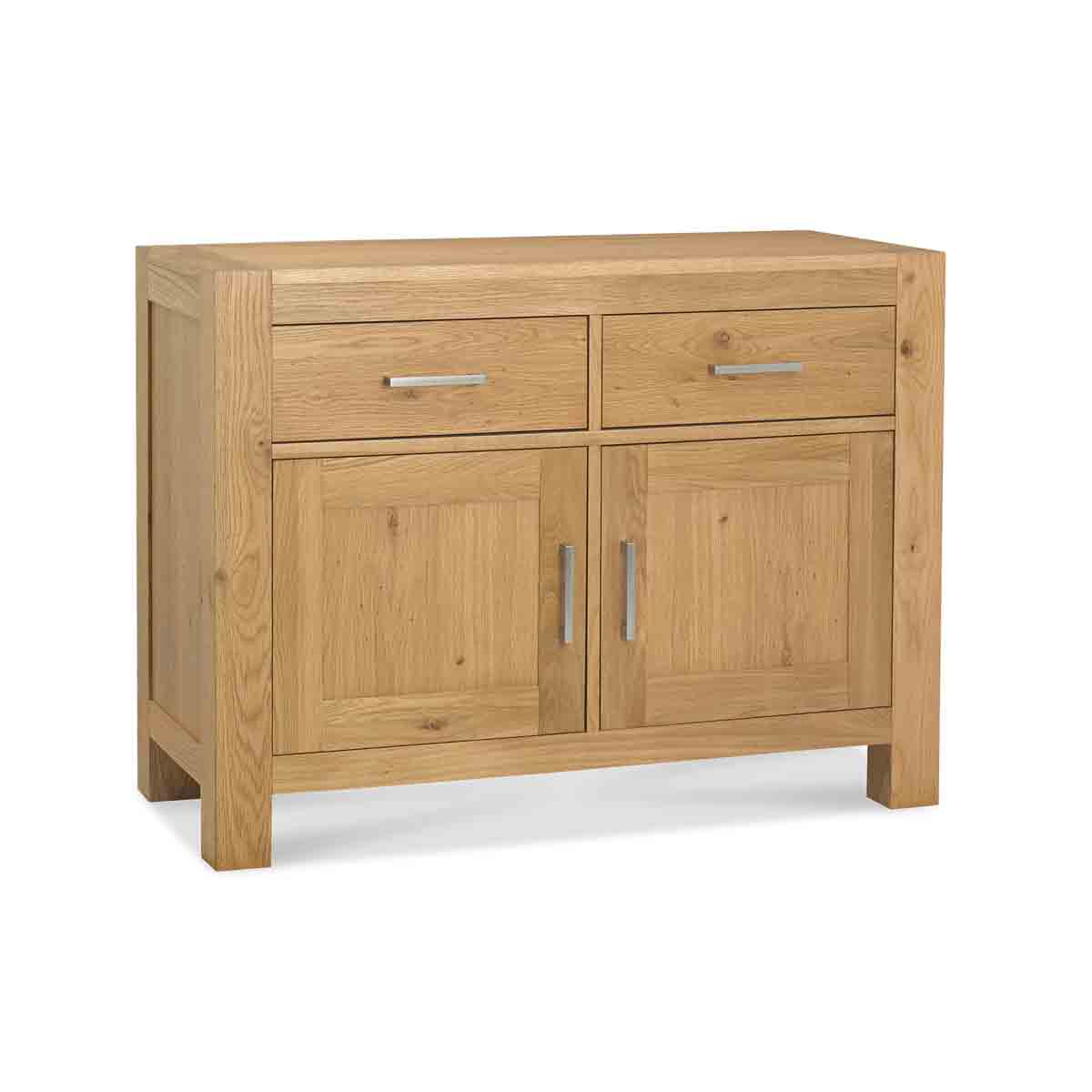 Light oak narrow sideboard featuring two drawers and two cabinet doors, with sleek metal handles, showcasing a modern and minimalist design.