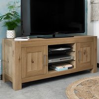Light oak TV unit with 2 drawers, 3 shelves, and sleek metal handles, designed for modern living rooms.