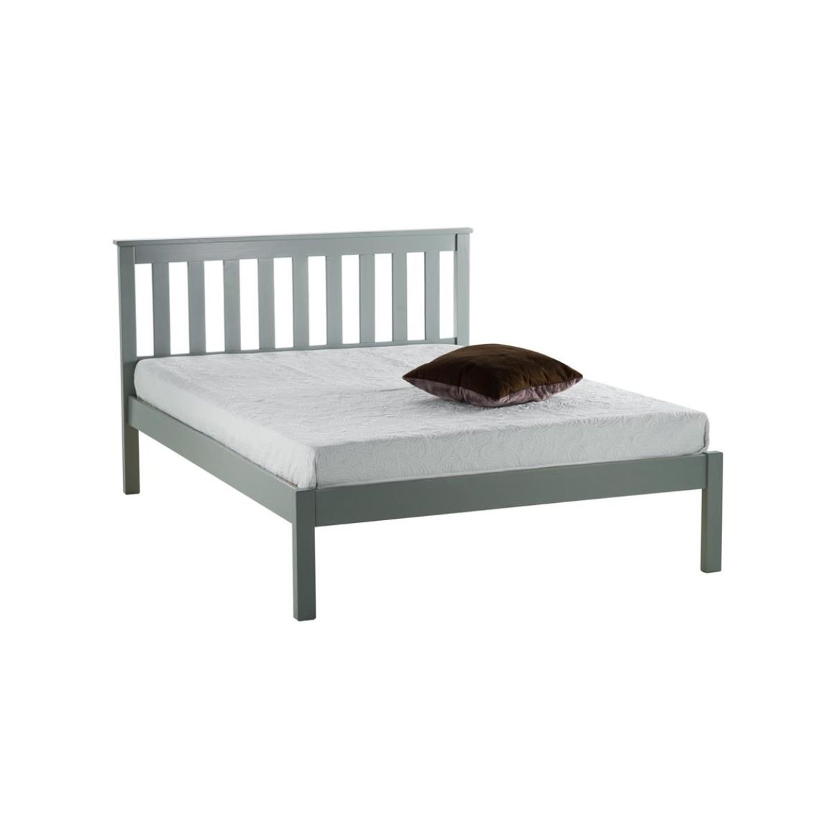 Grey small double bed with a slatted headboard and a simple, modern design, featuring a mattress and a brown decorative pillow on top.