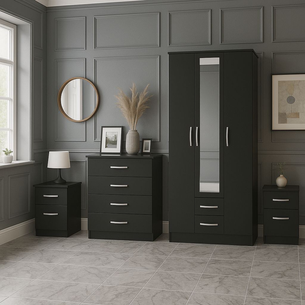 Black wooden four-piece furniture set including a wardrobe with a mirrored door, a chest of drawers, and two bedside tables, featuring sleek silver handles and a modern design.