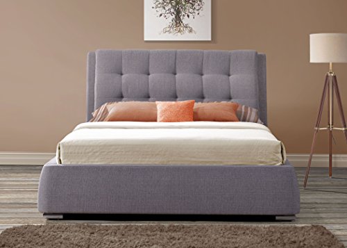 Grey upholstered king bed with a tufted headboard, featuring a low profile and a sleek design, complemented by decorative cushions and a neutral bedding set.