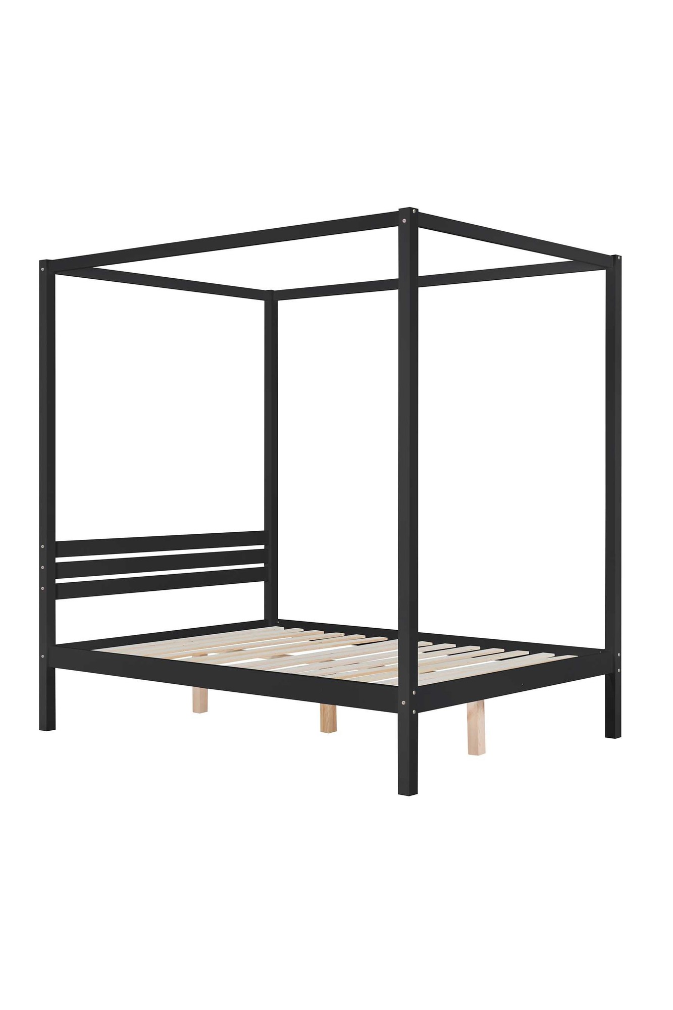 Birlea four-poster bed frame in solid black wood, featuring a canopy design with slatted base and sturdy legs, suitable for a double mattress.