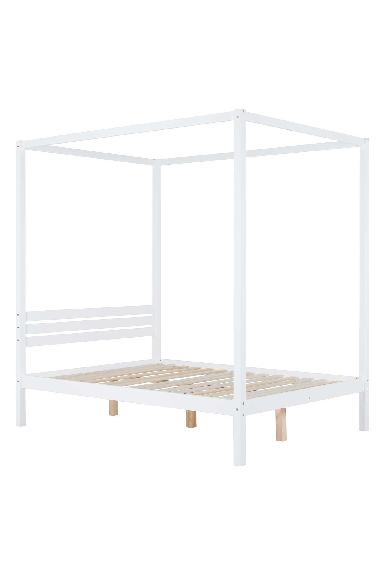 White solid wood four-poster bed frame with a canopy design, featuring slatted headboard and wooden slats for support, designed for a double mattress.