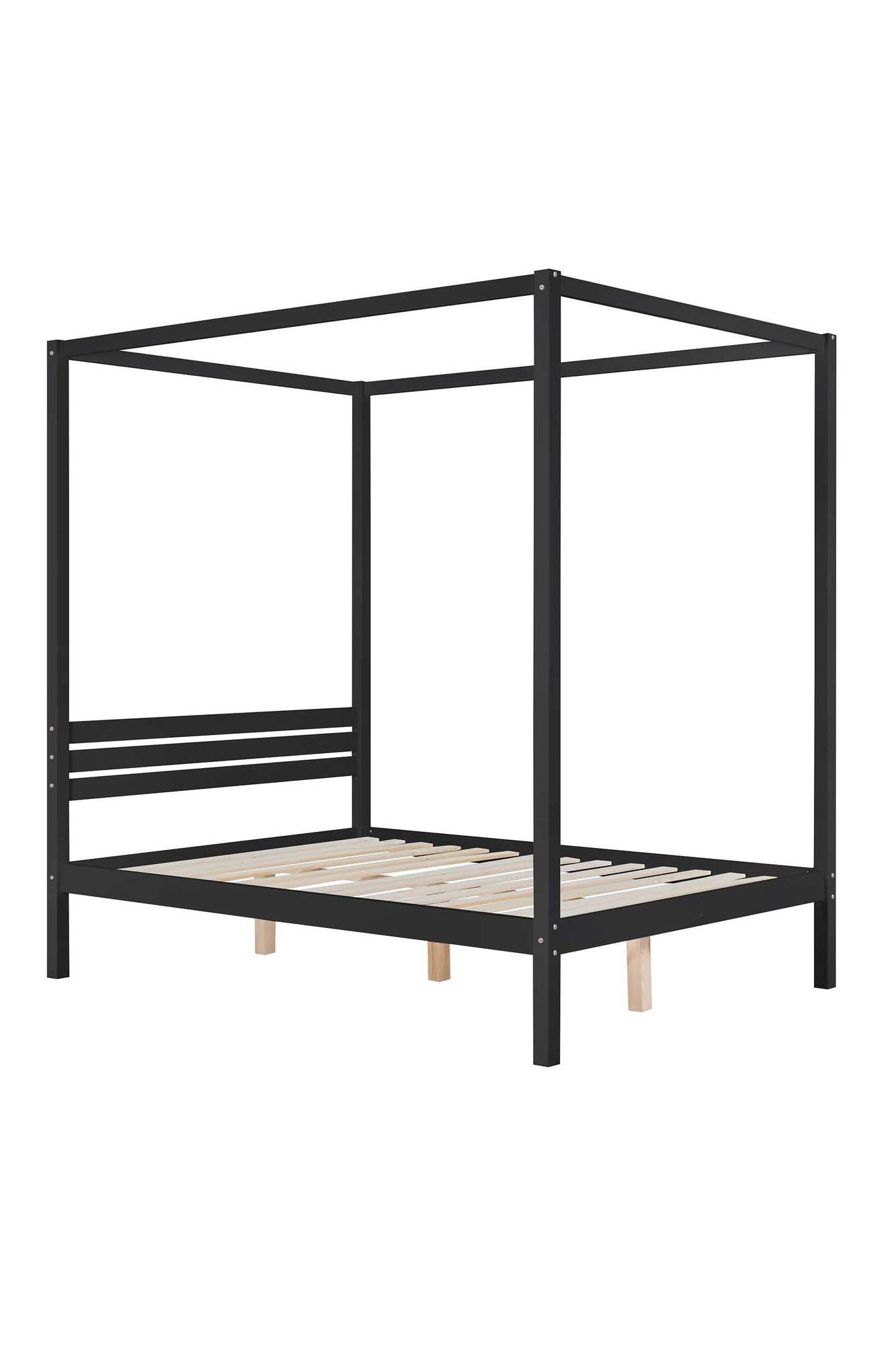Solid wood black four-poster bed frame with a canopy design, featuring a slatted base and sturdy legs, suitable for a king-size mattress.
