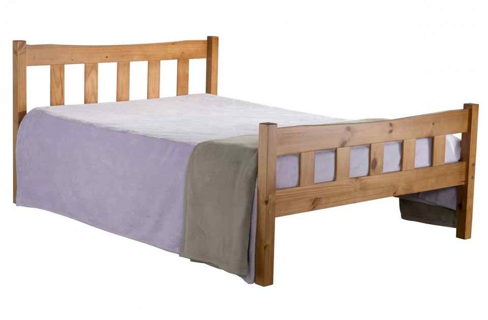 Brown wooden small double bed with a slatted headboard and footboard, featuring a soft purple and grey blanket draped over the mattress.