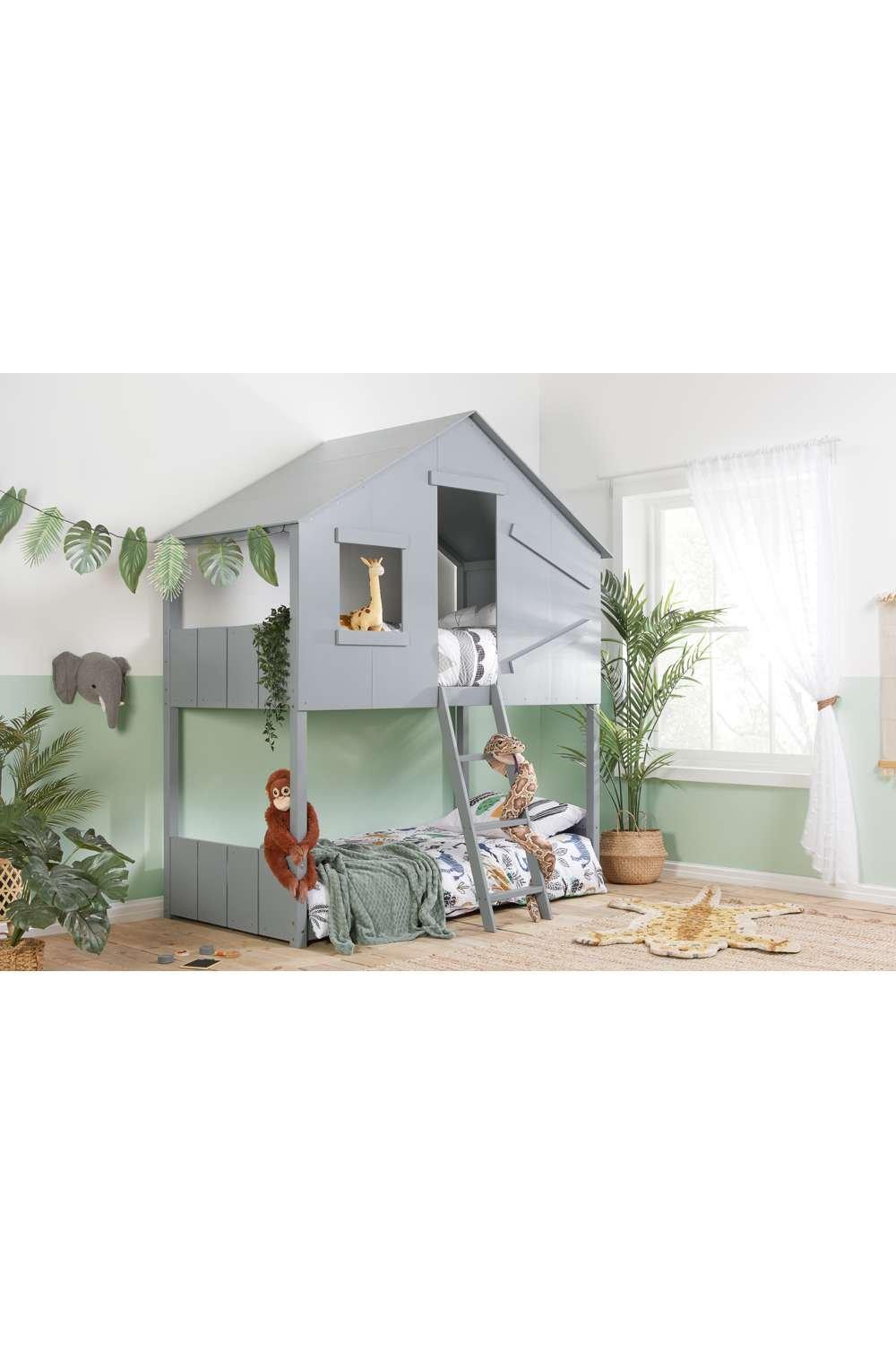 Birlea Safari Bunk Bed in grey features a house-shaped design with a ladder, storage drawers, and a cozy lower sleeping area, set against a light green wall and surrounded by playful decor.