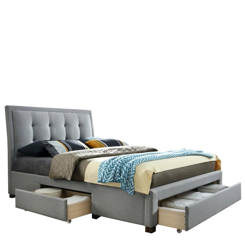 Grey upholstered double bed with a tufted headboard and two spacious drawers underneath for storage, featuring a cozy bedding arrangement with decorative pillows and a throw blanket.