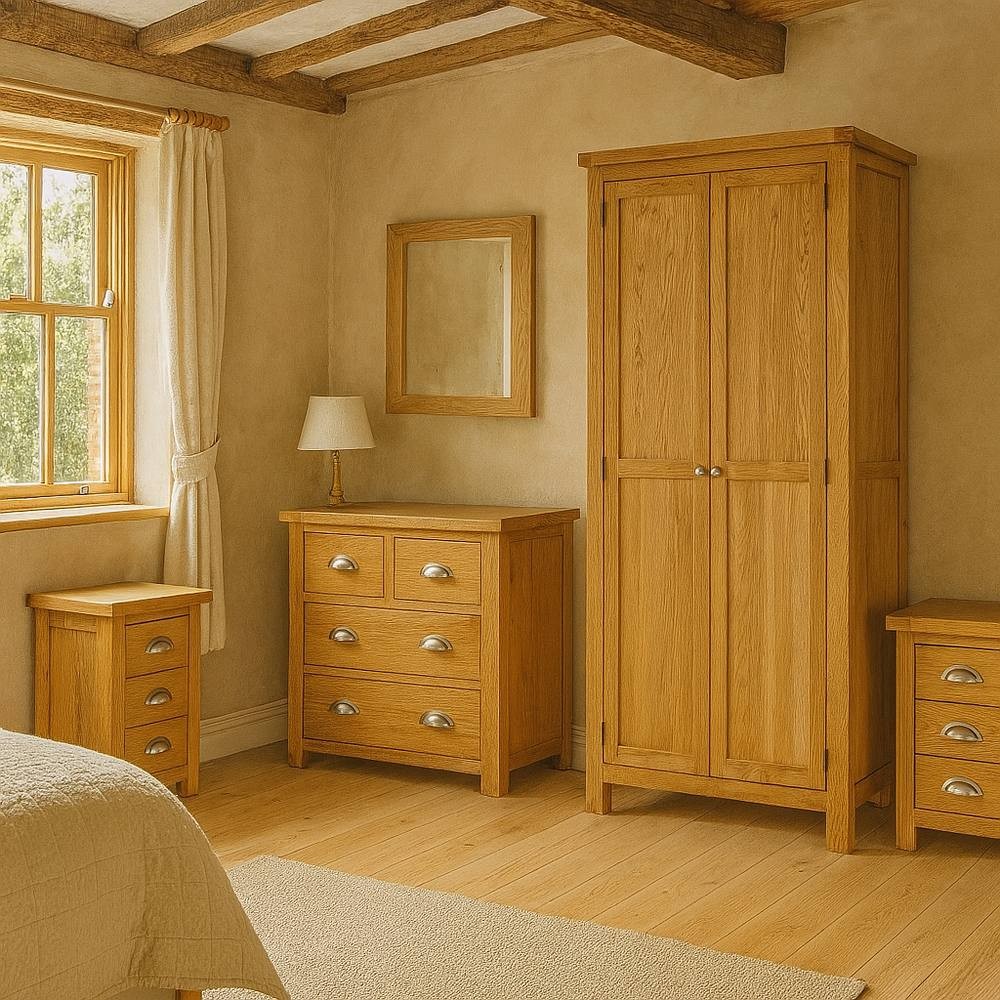 Birlea brown wooden 4-piece furniture set featuring a wardrobe, chest of drawers, and two bedside tables with silver handles, set in a cozy, softly lit room.