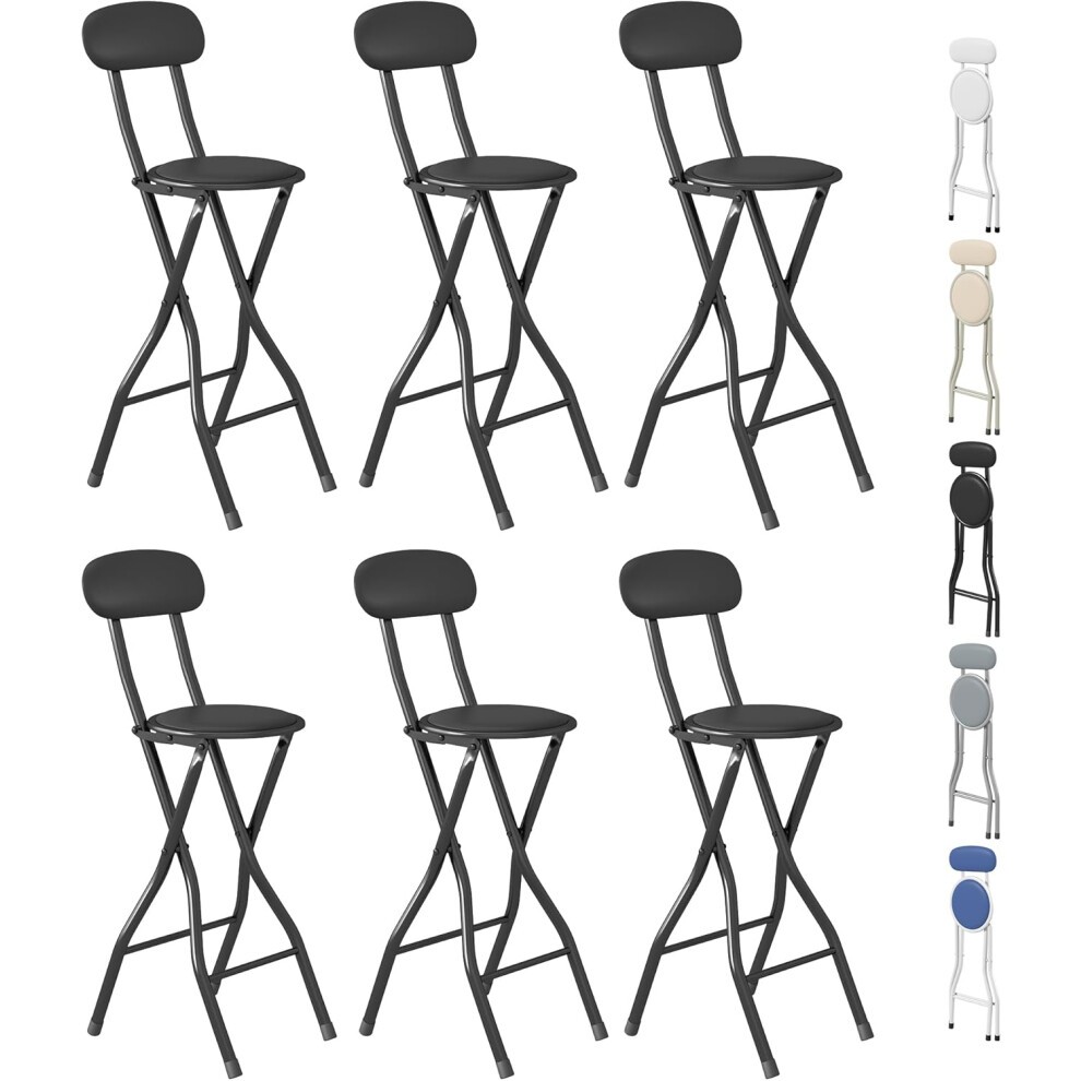 Set of six black folding bar stools with a sleek design, featuring a comfortable rounded backrest and sturdy metal frame, ideal for kitchens and restaurants.