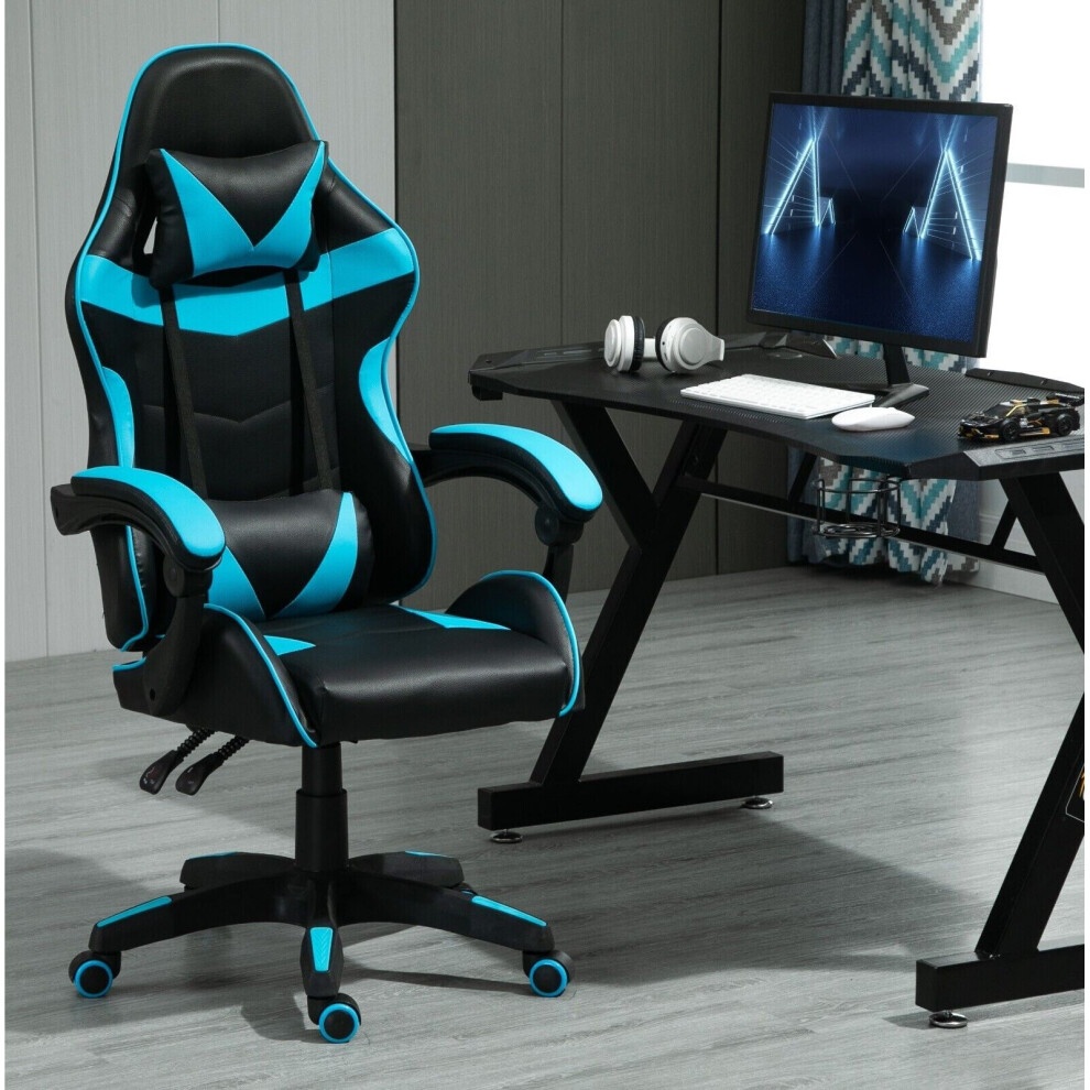 Blue and black gaming chair featuring a sleek design, ergonomic shape, adjustable tilt and swivel functions, set beside a desk with a computer monitor and accessories.