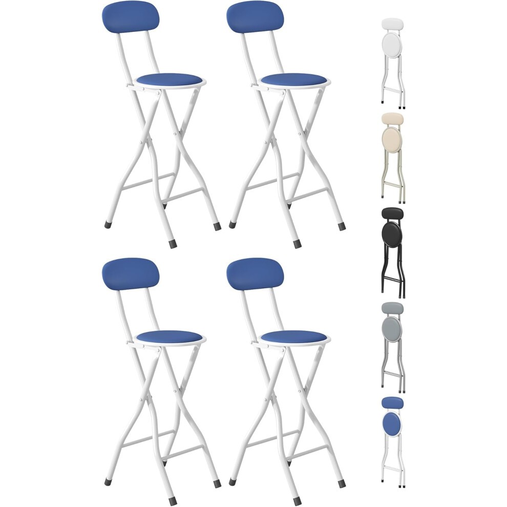 Blue folding bar stools with round seats and white metal frames, sold in a pack of four, featuring a compact design suitable for kitchens and restaurants.
