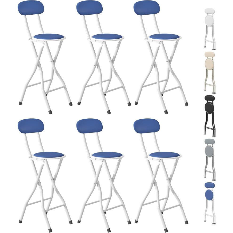 Set of six blue folding bar stools with a plastic seat and white metal frame, featuring a curved backrest and rubber feet for stability.