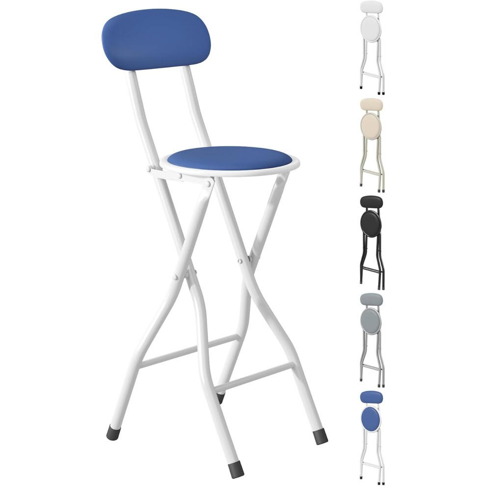 Blue folding bar stool with a round seat and backrest, featuring a white metal frame and rubber feet for stability, ideal for kitchens or restaurants.