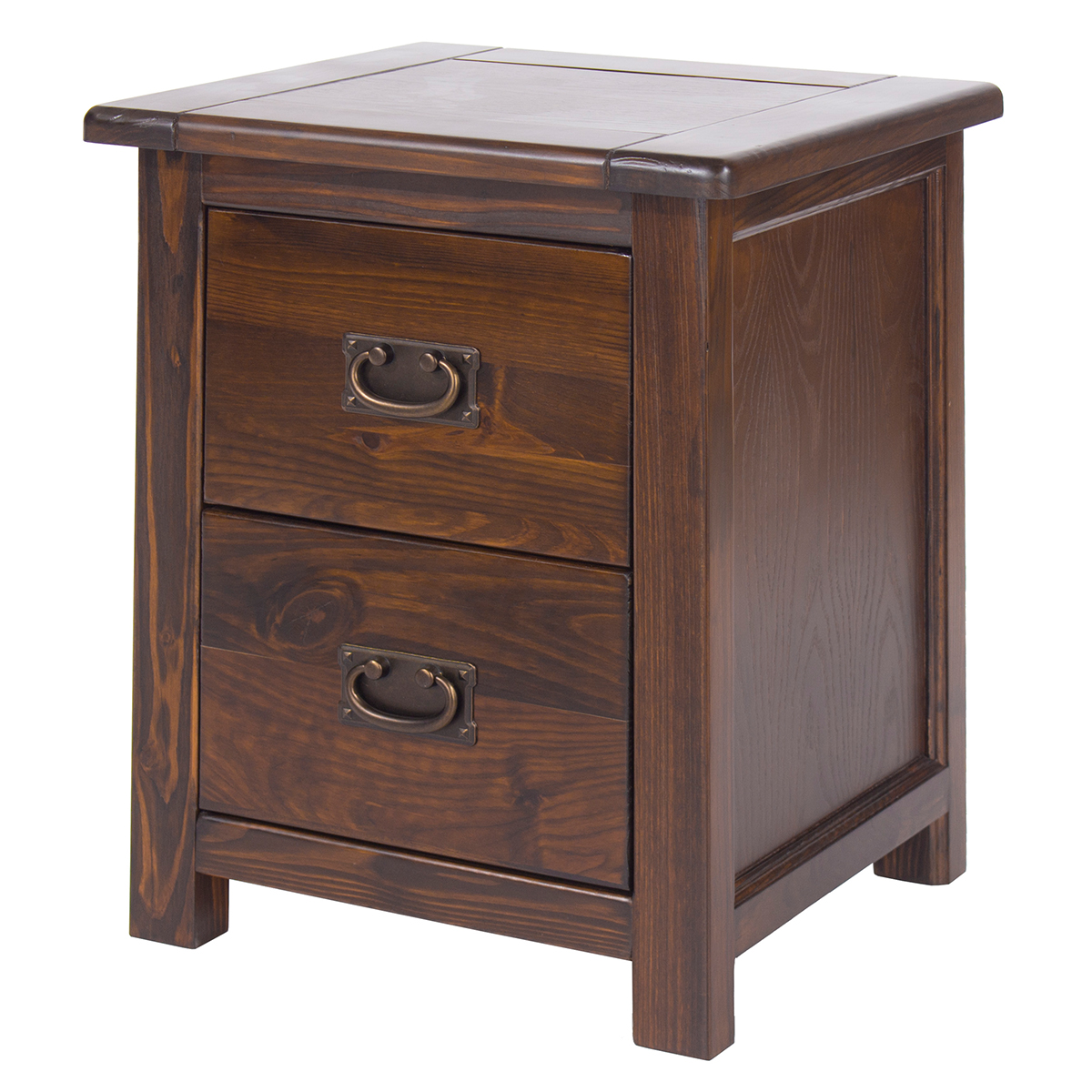 Brown wooden bedside cabinet with two drawers, featuring metal handles and a smooth top surface, showcasing a rustic design with sturdy corners.