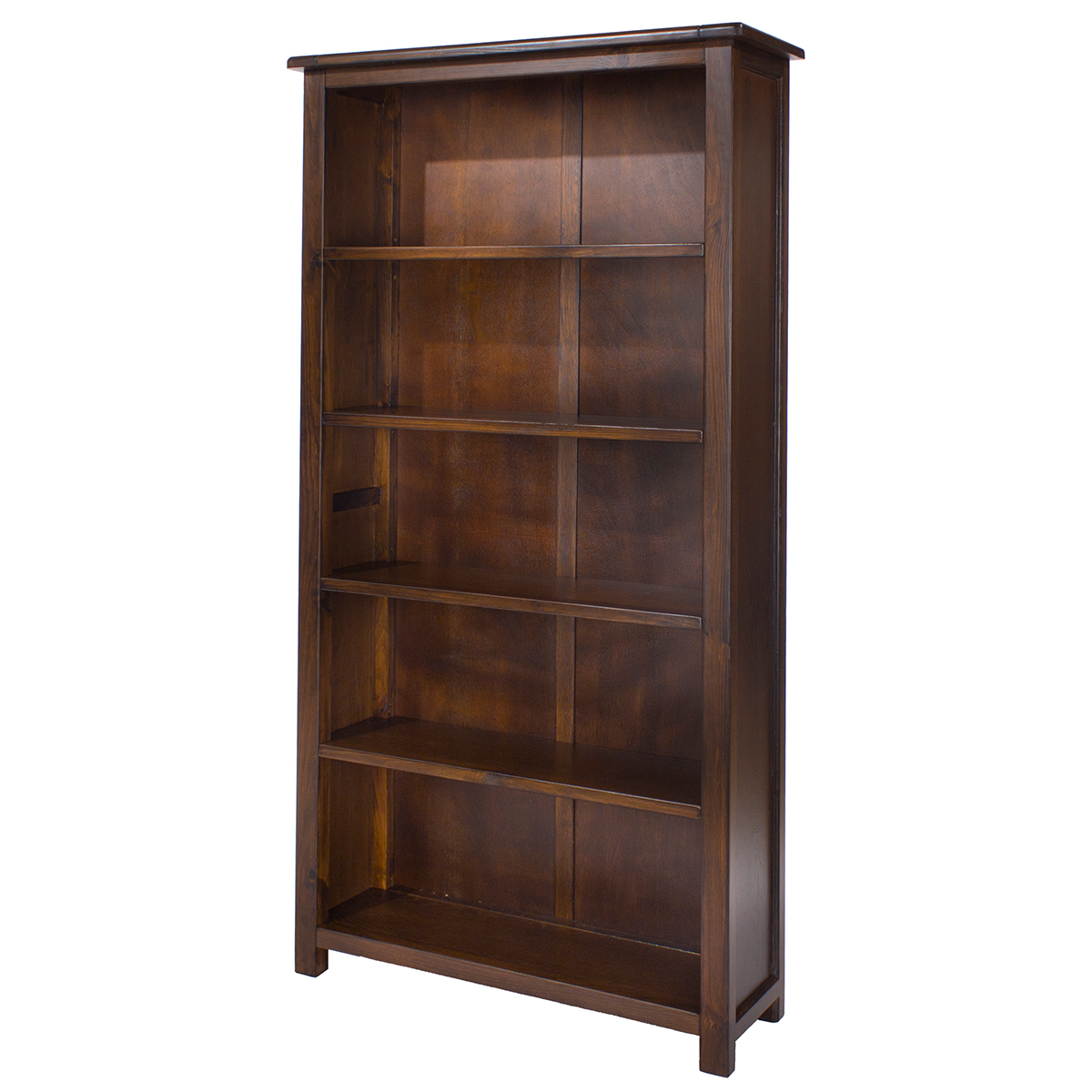 Tall brown wooden bookcase with five shelves, featuring a classic design and sturdy construction, ideal for displaying books and decor.