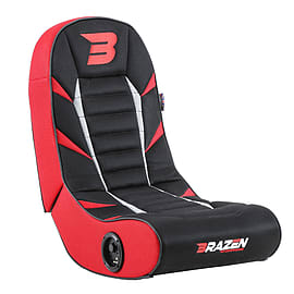 Black and red BraZen Gaming Chair Python 2.0 features a hard seat design with padded backrest, sleek stitching, and built-in speakers for an immersive gaming experience.