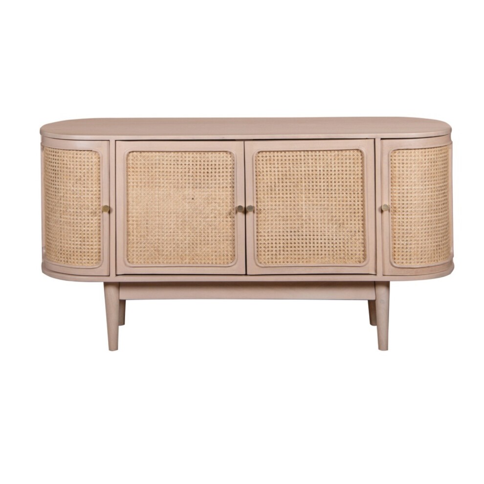 Light beige sideboard featuring four doors with woven cane panels, rounded edges, and wooden legs, combining mango wood and natural textures for a modern aesthetic.