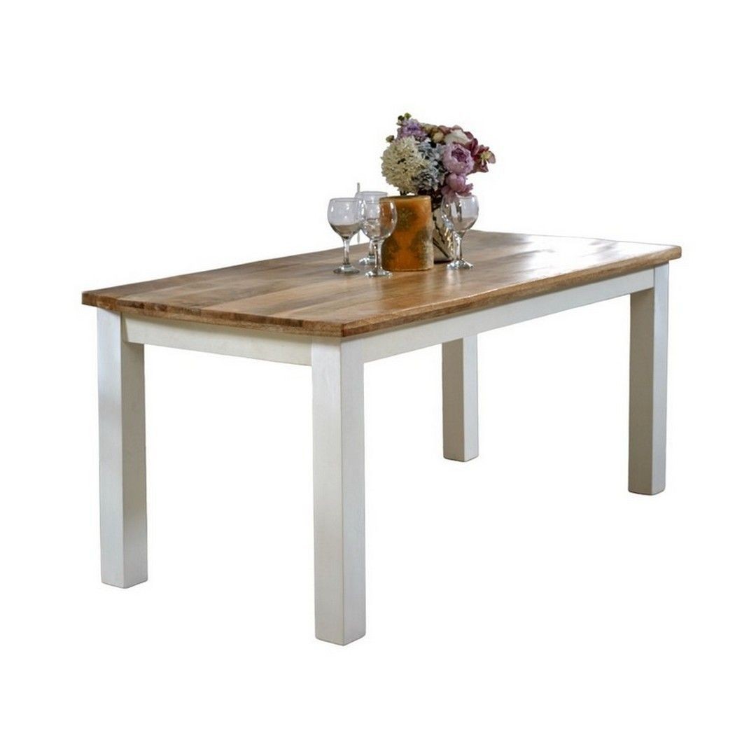 Alfie Dining Table made of mango wood featuring a natural wood finish top and white legs, measuring L85 x W170 x H76 cm, with a floral centerpiece on display.