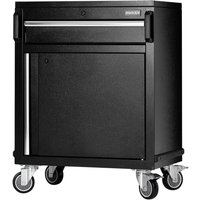 Black Bunker Modular 1 Drawer Power Tool Roller Cabinet with lockable drawer, cabinet door, and four caster wheels.