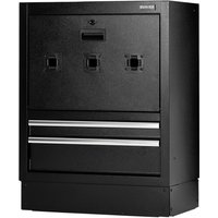 Black Bunker Modular 2 Drawer Hose Reel Storage Floor Cabinet with sleek metal handles and square hose ports.