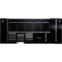 Black BUNKER modular storage combo with sink, stainless steel worktop, multiple cabinets, and drawers, 25-piece set.