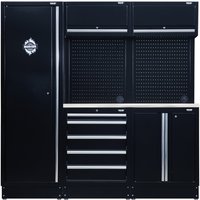 Black BUNKER modular storage combo with stainless steel worktop, tall cabinet, drawers, and pegboard.
