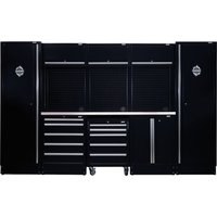Black BUNKER modular storage combo with stainless steel worktop, featuring cabinets, drawers, and roller doors.