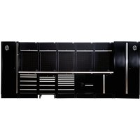 Black BUNKER modular storage combo with stainless steel worktop, multiple cabinets, drawers, and pegboard panels.